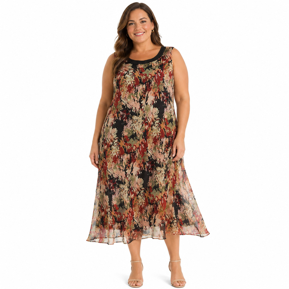 Studio I Petite Womens Brown Red Floral Midi Sleeveless Chiffon Lined Dress 14 P